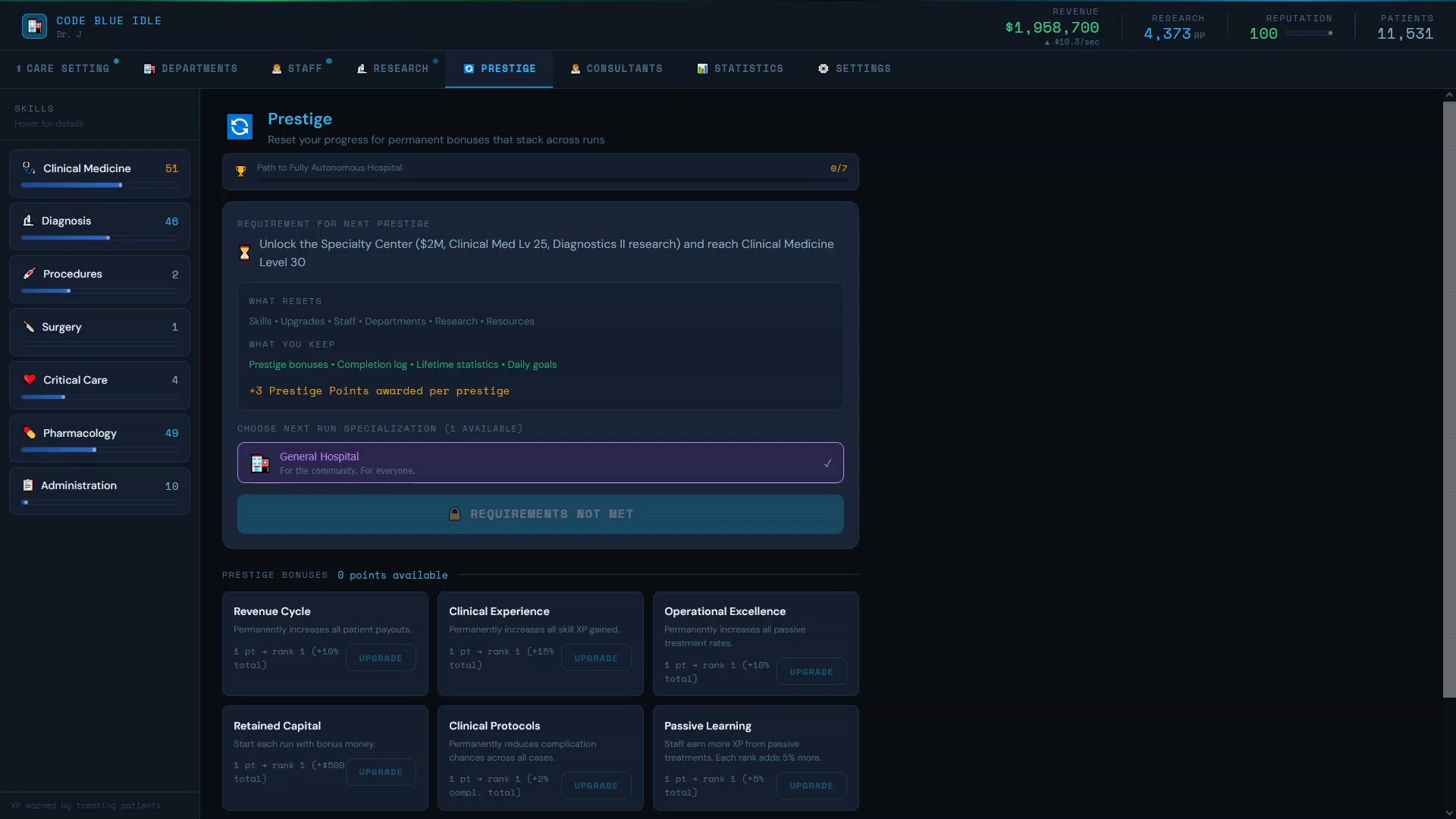 The Prestige screen. A progress bar reads Path to Fully Autonomous Hospital, zero of seven. Panels list the requirement for the next prestige, what resets and what carries over, a specialization to choose for the next run, and six permanent prestige bonuses that can be upgraded with prestige points.